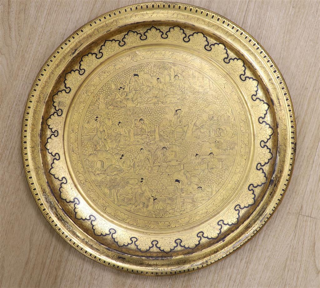 A Burmese gilt decorated black lacquer tray, exhibited at the 1924 Empire exhibition, label verso, 45.5cm